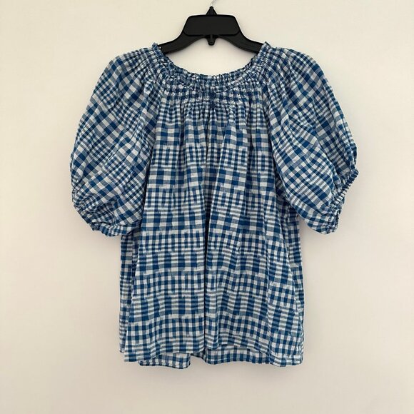 Apiece Apart Blue Plaid Gingham Puff Sleeve Top Size Large Ikat Blouse Cottage - Picture 3 of 11